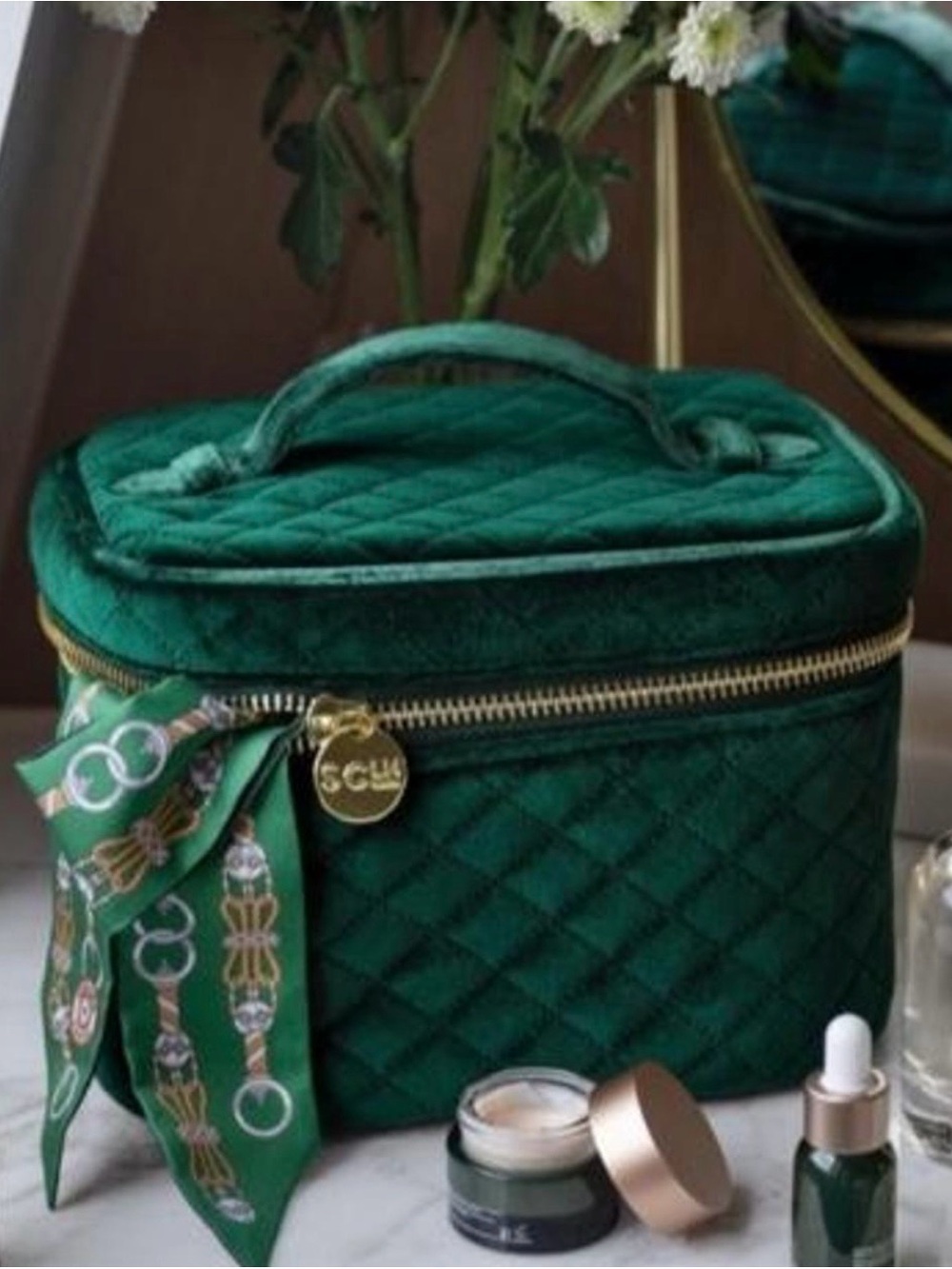 Stoney Clover Lane Emerald Quilted Velvet Cosmetic Pouch with Gold Charm